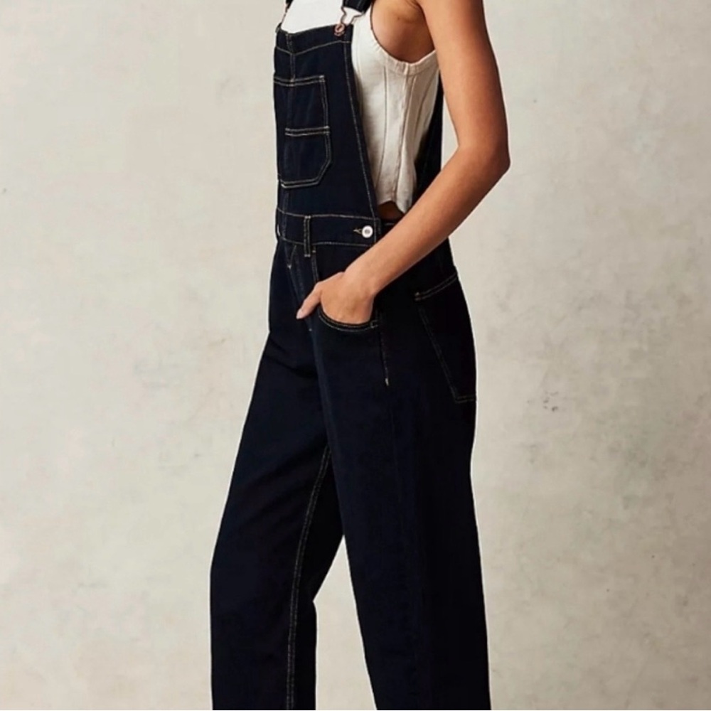 We The Free Dark Navy Denim Overalls with Contrast Stitching - Picture 3 of 6